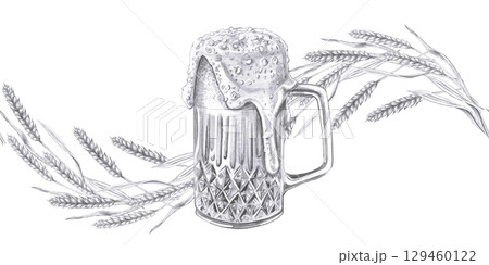 Seamless border with wheat ears and beer. Isolated pencil illustration in realistic style for bar design, wine list, interior design, printing on advertising brochures, labels. Seamless border with wheat ears and beer. Isolated pencil illustration in realistic style for bar design, wine list, interior design, printing on advertising brochures, labels. 129460122