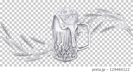 Seamless border with wheat ears and beer. Isolated pencil illustration in realistic style for bar design, wine list, interior design, printing on advertising brochures, labels. Seamless border with wheat ears and beer. Isolated pencil illustration in realistic style for bar design, wine list, interior design, printing on advertising brochures, labels. 129460122