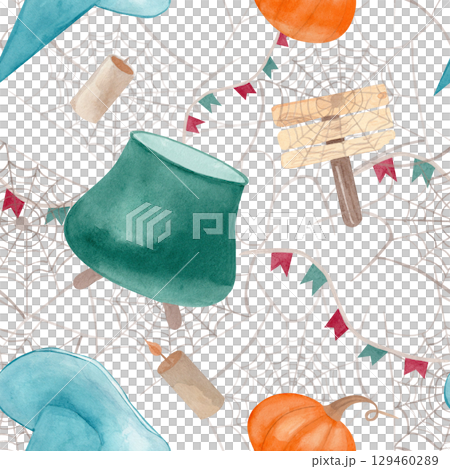 Watercolor seamless Halloween pattern with cauldrons, witch hats, pumpkins, candles, wooden signs, bunting, and spiderwebs. Great for seasonal textiles, party supplies, and spooky-themed packaging Watercolor seamless Halloween pattern with cauldrons, witch hats, pumpkins, candles, wooden signs, bunting, and spiderwebs. Great for seasonal textiles, party supplies, and spooky-themed packaging 129460289
