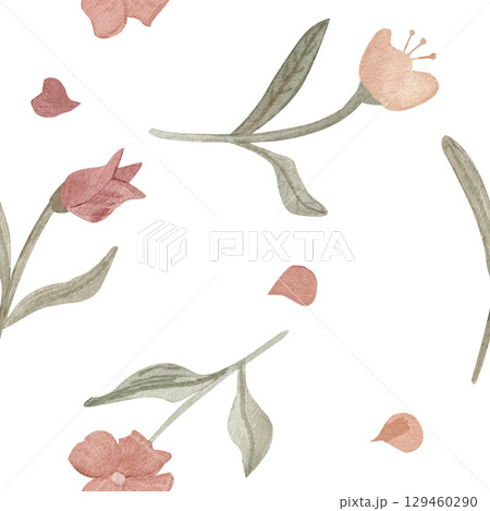 Delicate watercolor seamless pattern with soft pink flowers, green leaves, and petals on a white background. Perfect for spring textiles, stationery, packaging, wallpapers, and feminine design themes. 129460290