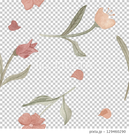 Delicate watercolor seamless pattern with soft pink flowers, green leaves, and petals on a white background. Perfect for spring textiles, stationery, packaging, wallpapers, and feminine design themes. 129460290