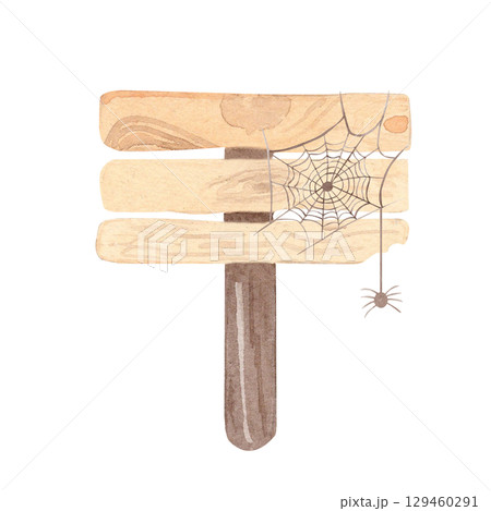 Watercolor hand drawn illustration wooden signpost with spider web. clipart to summer camp, hiking trail. for party decor, event invitations, garden-themed designs, Halloween theme, cards and decor 129460291