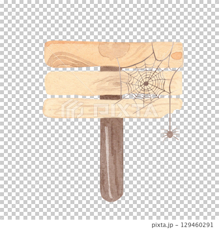 Watercolor hand drawn illustration wooden signpost with spider web. clipart to summer camp, hiking trail. for party decor, event invitations, garden-themed designs, Halloween theme, cards and decor 129460291