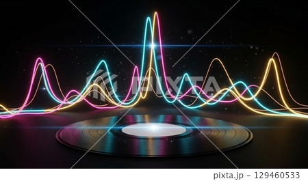 暗闇に輝くネオン波形とアナログレコード 129460533