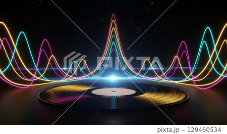 暗闇に輝くネオン波形とアナログレコード 129460534