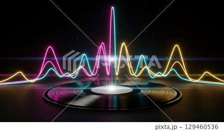 暗闇に輝くネオン波形とアナログレコード 129460536