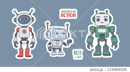 Futuristic Cute Robot Sticker Set. Isolated Technology Assistant Characters, Avatar mascot with cool slogan. Vector illustration. Not AI. Kids collection 129460580