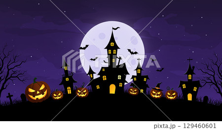 お化け屋敷と満月のハロウィン夜景 129460601