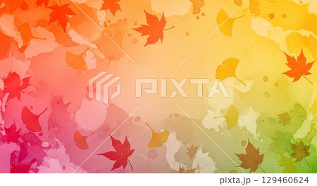 秋色グラデーションと舞い散る紅葉と銀杏の水彩風背景 129460624