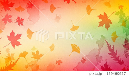 秋色グラデーションと舞い散る紅葉と銀杏の水彩風背景 秋色グラデーションと舞い散る紅葉と銀杏の水彩風背景 129460627