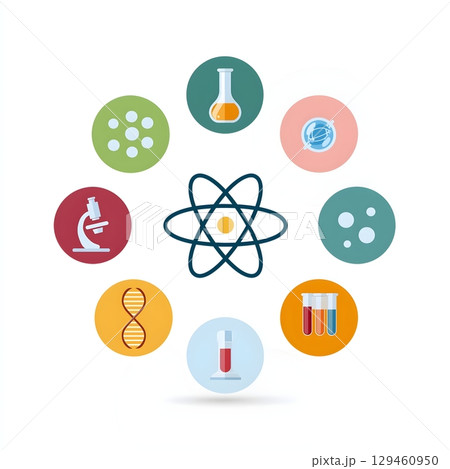 Illustration featuring science icons such as an atom, microscope, DNA, and test tubes arranged in a circular pattern. 129460950
