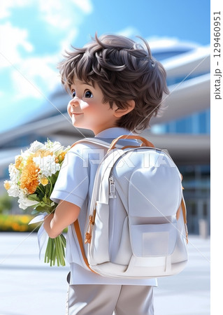 Illustration of a young child holding a bouquet of flowers and wearing a backpack 129460951