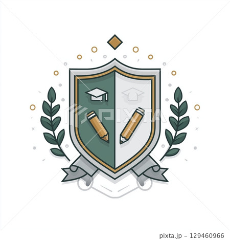 Illustration of a modern educational emblem featuring pencils and a graduation cap. 129460966