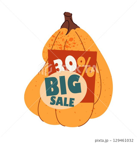 Halloween sale label or autumn promo sticker. Vector tag for price discount and special offer with percentage. Fall advertising and marketing badge. Seasonal event or holiday sign with pumpkin. 129461032