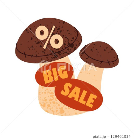 Food autumn sale promo tag. Vector advertising or discount sticker with mushroom. Fall price cut or special offer sticker. Seasonal offer label. Shop or supermarket promotion. Retail, commerce badge. Food autumn sale promo tag. Vector advertising or discount sticker with mushroom. Fall price cut or special offer sticker. Seasonal offer label. Shop or supermarket promotion. Retail, commerce badge. 129461034