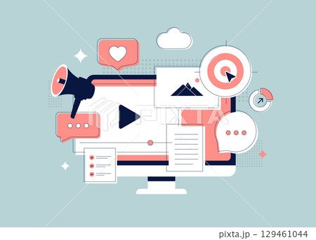 Content marketing campaign illustration with computer, target, megaphone and media icons. Content marketing campaign concept for SEO, social media, online advertising and brand promotion design 129461044