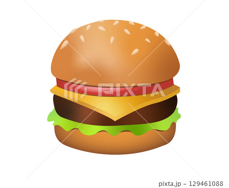 Cheeseburger icon with burger beef patty, sesame bun, cheese, lettuce, tomato Cheeseburger icon with burger beef patty, sesame bun, cheese, lettuce, tomato 129461088