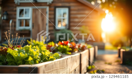 Fresh Organic Vegetables Growing in Wooden Raised Garden Beds in Sunlight. 129461185