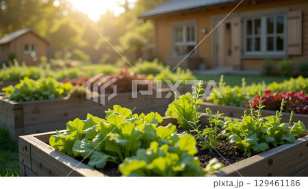 Fresh Organic Vegetables Growing in Wooden Raised Garden Beds in Sunlight. Fresh Organic Vegetables Growing in Wooden Raised Garden Beds in Sunlight. 129461186