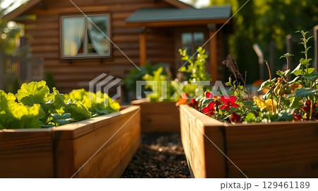 Fresh Organic Vegetables Growing in Wooden Raised Garden Beds in Sunlight. Fresh Organic Vegetables Growing in Wooden Raised Garden Beds in Sunlight. 129461189