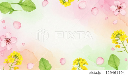 春色グラデーションと桜と菜の花の水彩風背景 129461194