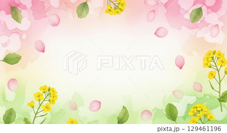 春色グラデーションと桜と菜の花の水彩風背景 129461196