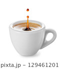 Coffee splash with drop inside small ceramic espresso cup isolated on white background 129461201