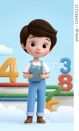 A cute cartoon character stands with a tablet surrounded by colorful numbers and books. A cute cartoon character stands with a tablet surrounded by colorful numbers and books. 129461213