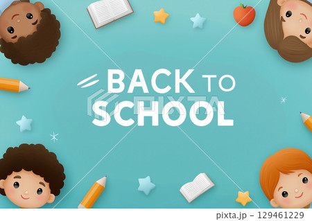 Illustration featuring diverse children's faces, pencils, books, and stars around the "Back to School" text. 129461229