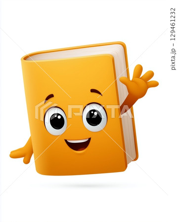 Cheerful cartoon book character with expressive eyes and smiling face, waving with open pages. 129461232