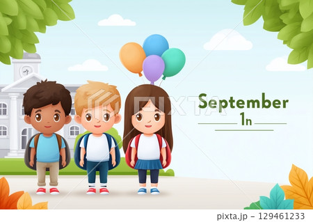 Illustration of children with backpacks and balloons standing before a school building 129461233