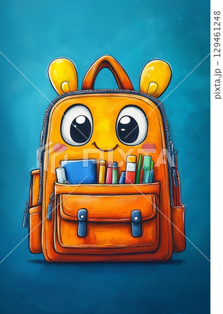 Illustration of a cheerful, bright yellow backpack with a smiling face, filled with colorful school supplies. 129461248