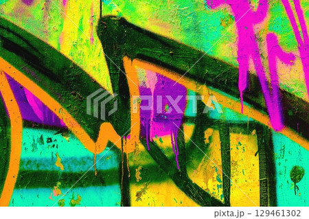 Vibrant Graffiti Art in Neon Green, Purple, Yellow with Bold Lines 129461302