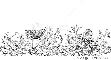 Russula webcap cortinarius mushroom, crawling snail on cap, cranberry blackberry on top of fallen autumn leaves pile, berries twigs. Fungi natural seamless banner header hand drawn in vector ink. Russula webcap cortinarius mushroom, crawling snail on cap, cranberry blackberry on top of fallen autumn leaves pile, berries twigs. Fungi natural seamless banner header hand drawn in vector ink. 129461374