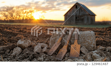 Farm tools resting on stone with rustic barn sunset, agricultural heritage 129461487
