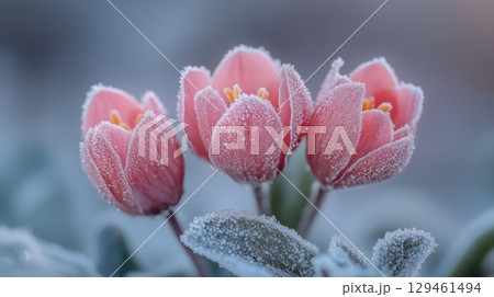 Frost covered pink tulips blooming in winter showcasing natural beauty 129461494