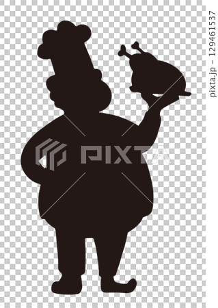 一位廚師一手拿著一道肉菜的剪影插圖 129461537