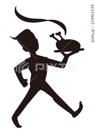 肉料理を運ぶウェイターのシルエットイラスト 129461539