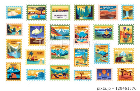 Set of vintage-style postage stamps featuring famous natural landmarks and cultural events from around the world, flat design illustrations 129461576