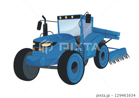 Farm field tractor. Vector isolated harvest vehicle. Agricultural transport for farming and plowing, harvesting and soil cultivation. Rural or countryside machinery symbol. Agriculture and farming. Farm field tractor. Vector isolated harvest vehicle. Agricultural transport for farming and plowing, harvesting and soil cultivation. Rural or countryside machinery symbol. Agriculture and farming. 129461634