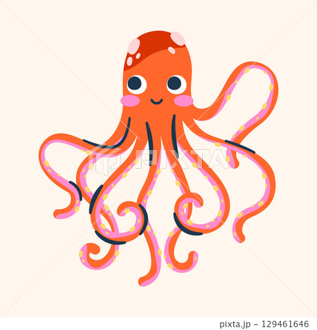 Vector cartoon smiling octopus. Underwater animal icon or sea habitat, ocean wildlife and underwater biodiversity, aquarium creature. Swimming nature and aquatic fauna. Nautical mollusk with face. 129461646
