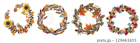 Set of autumn leaves wreath or fall ornament. Vector handmade flora circle or plant decoration for thanksgiving festive or harvest holiday. Seasonal foliage botanical background with berries. Biology. 129461655