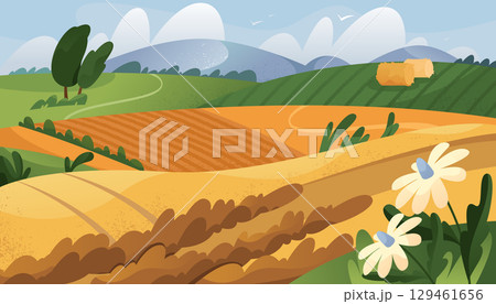 Autumn field or fall landscape. Vector countryside scenery with crops and hay. Farm land or meadow horizon. Rural environment outdoor. Soil harvesting and farming poster. Nature and farmland clipart. Autumn field or fall landscape. Vector countryside scenery with crops and hay. Farm land or meadow horizon. Rural environment outdoor. Soil harvesting and farming poster. Nature and farmland clipart. 129461656