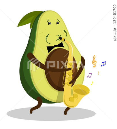 Emotional musician avocado fruit plays famous melody on a professional gold plated saxophone. Cartoon vector isolated on white background 129461700