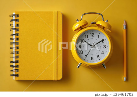 Yellow alarm clock, notebook and pencil on yellow background Yellow alarm clock, notebook and pencil on yellow background 129461702