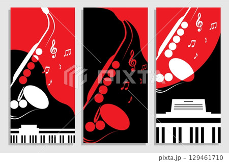 Set of vertical flyers with professional jazz saxophone and piano on stage. Templates for party invitation, banners, brochures print. Black, red and white minimalistic vector 129461710