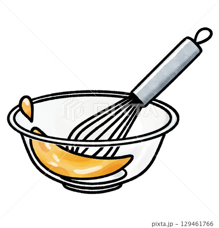 ボウルに入った液体を泡立て器で混ぜている様子のカラーイラスト 129461766