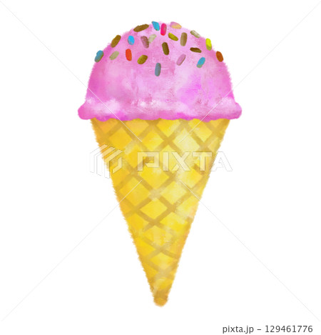 手描きのおしゃれなアイスクリーム　コーン　苺　トッピング 129461776