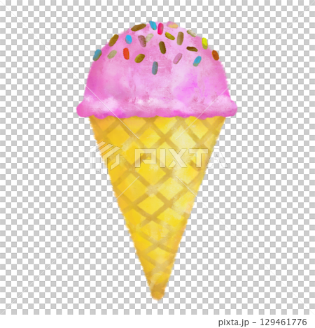 手描きのおしゃれなアイスクリーム　コーン　苺　トッピング 129461776