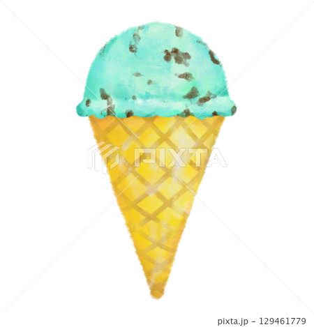 手描きのおしゃれなアイスクリーム　コーン　チョコミント 129461779